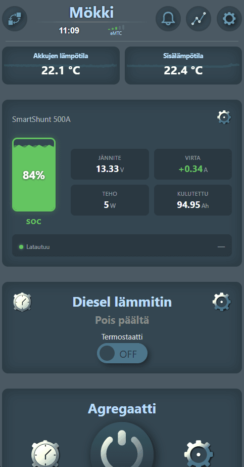 Etäbox app – battery SOC, voltage, current and power